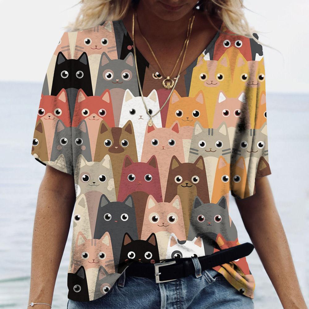 Ladies' V-neck T-shirt, Cat 3D Digital Print Casual Fashion T-shirt, Digital Print Short-sleeved T-shirt