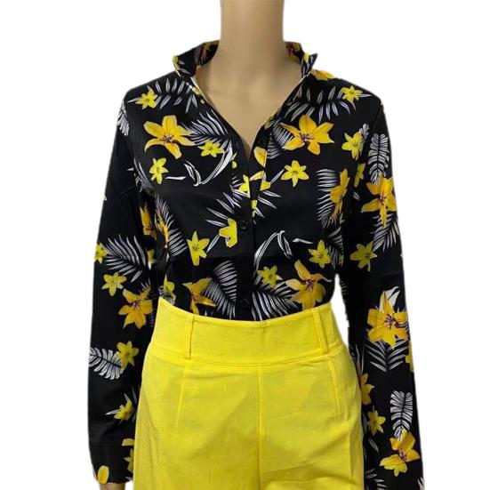 Elegantes Büro-Damenhemd Stehkragen Einreihig Blumendruck Langarm Knöpfe Bluse für Frühling/Sommer