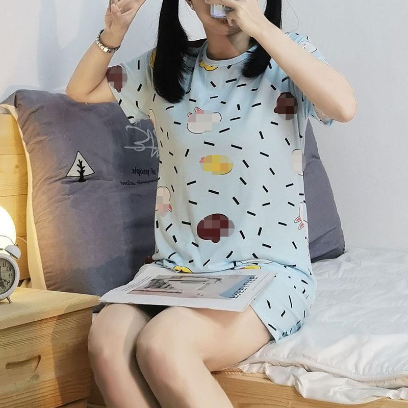 GMXIA Summer Pajama Women's Round-neck Thin Short-sleeved and Short Pants Cartoon Cute Girls' Youthful Home Wear Set