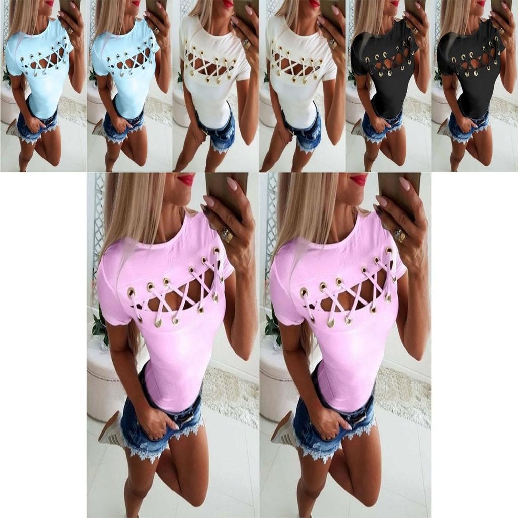 Elegant Sexy Ladies Women's Short Sleeve Cross Lace Up Bodycon Blouse Tops Slim T-shirt