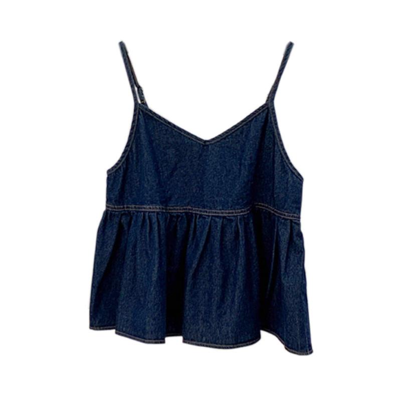 Elegance Casual Stylish Vest Outer Wear Summer Simple Temperament V-neck Loose Design Pleated Ruffled Sleeveless Undershirt Denim Suspenders Female