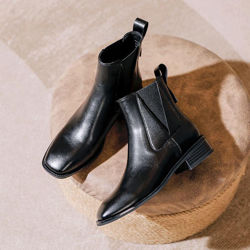 French Square Head Small Short Boots Thick Heel Elastic Boots 2025 New Autumn and Winter Low Heel Leather Boots Brown Thin Medium Boots