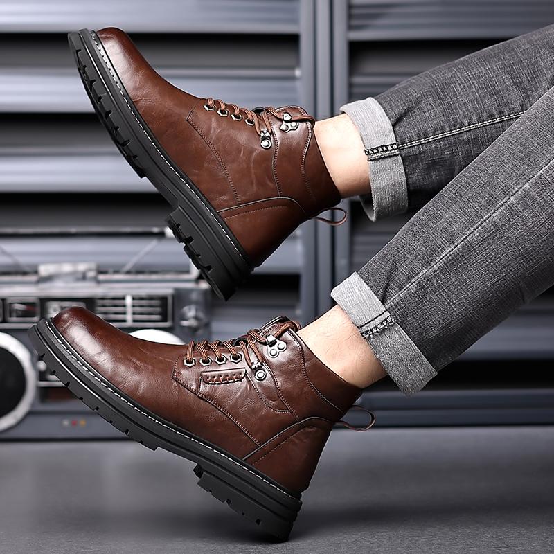 Winter Plush Men Leather Fashion Boots Men Waterproof Lace Up Short Ankle Boots Men Outdoor Platform High Top Motorcycle Boots