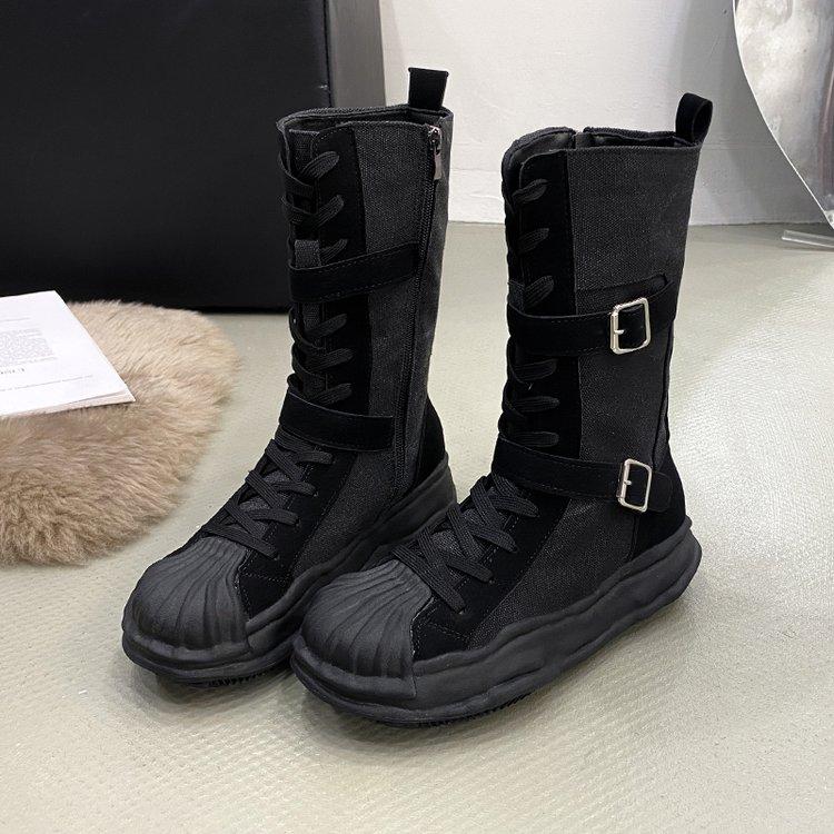 Fashion Outdoor Roman Style Women's Flat-bottomed Boots Winter Retro Style Suede Canvas Stitching Fashion Zipper Design Fashion Boots