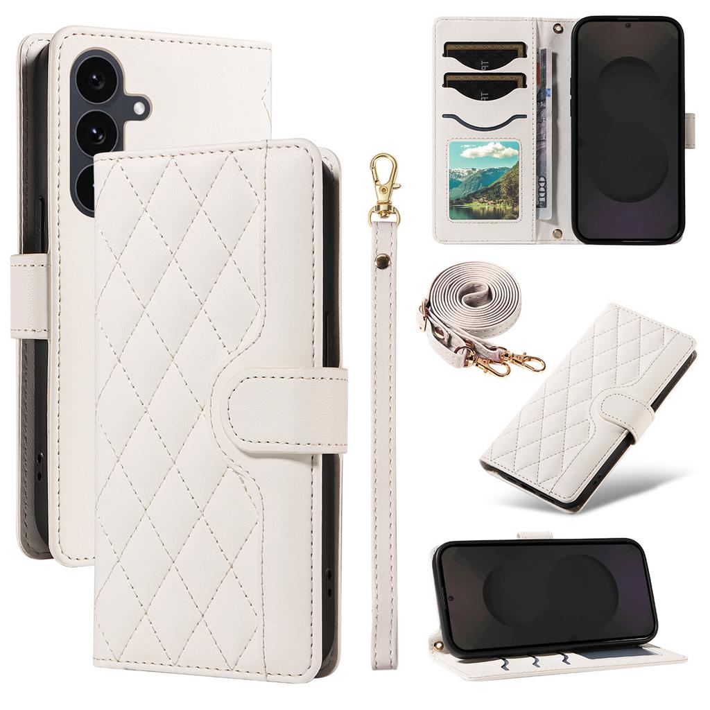 For Samsung Galaxy S25 FE Wallet Case Rhombus Leather Phone Cover with Strap