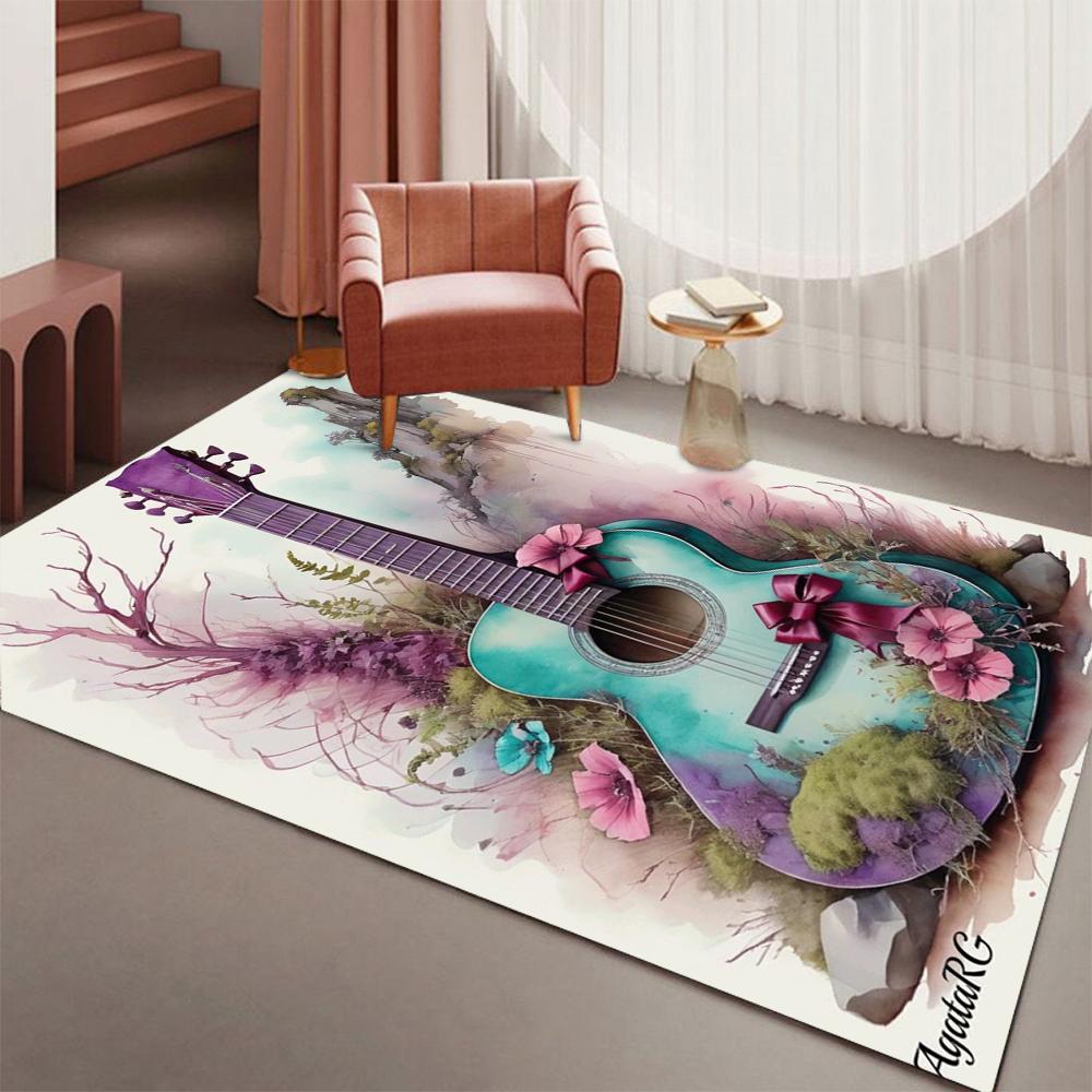 Guitar Floral Art Rug Large Size Non-Slip Floor Mat Creative Music Theme Carpet for Living Room Bedroom Home Decoration
