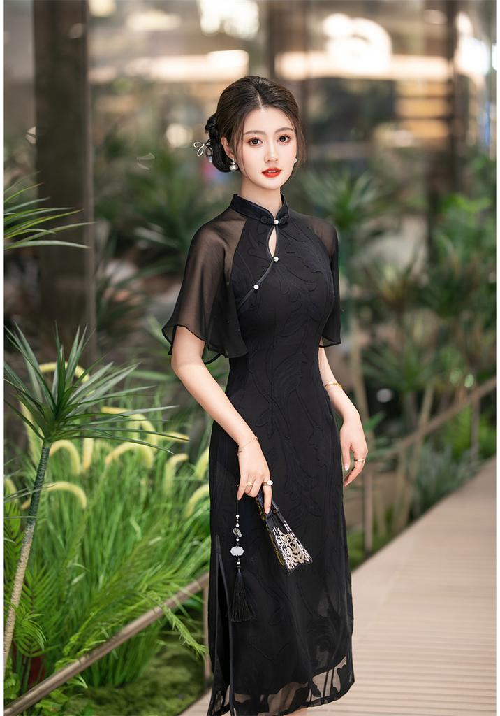 New Chinese chiffon inverted large-sleeved long black cheongsam 1011 summer new improved fashion young daily wear