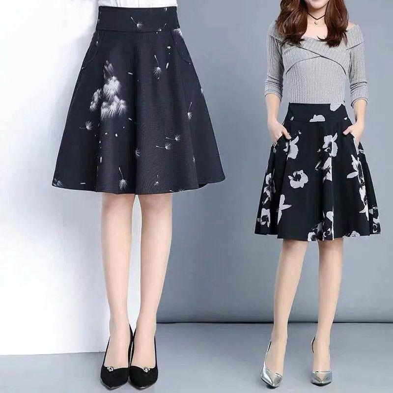 Summer New Print Half Length A-line Skirt Women Patchwork Pockets Elastic High Waist Elastic Versatile Slim Fashion Loose Skirts