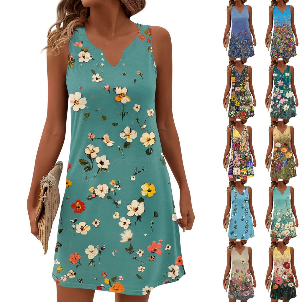Women Summer Dresses V-Neck Print Sleeveless Sundress Casual Dress