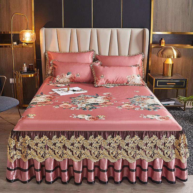 Summer Bed Skirt One-piece Lace Princess Style Ice Silk Bed Cover (Three-piece Set) Machine Washable Bed Cover