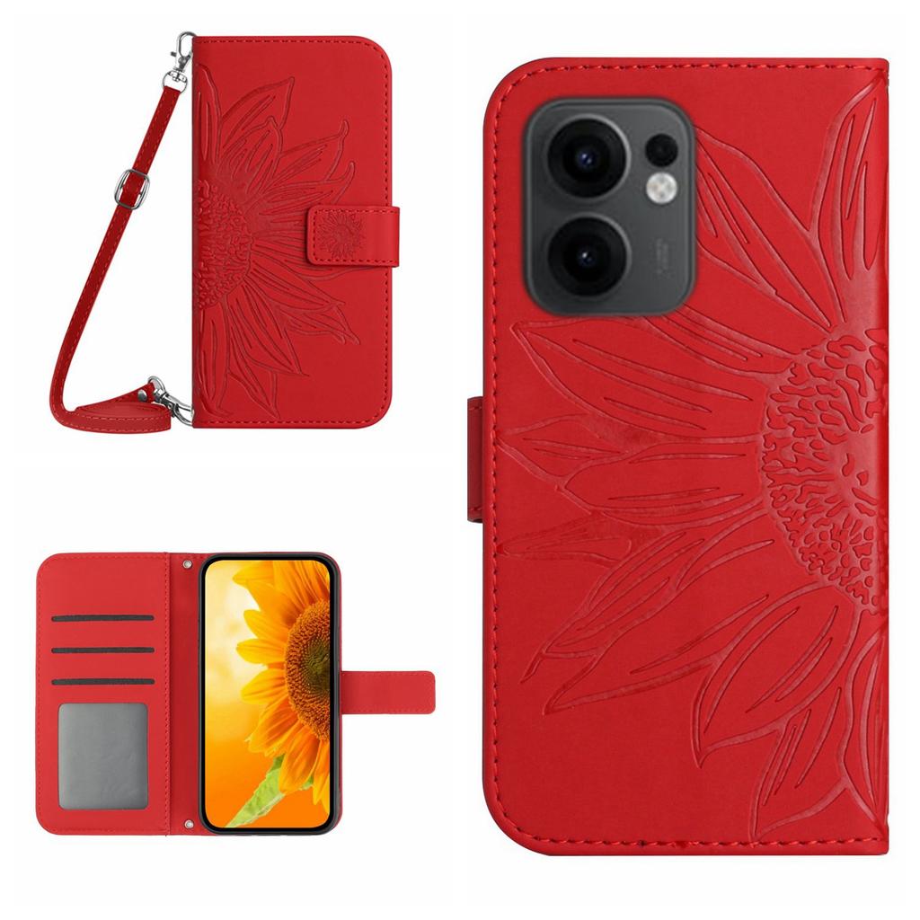 For Oppo Reno13 F 4G/5G Case Sunflower Imprint PU Leather Phone Cover with Long Strap