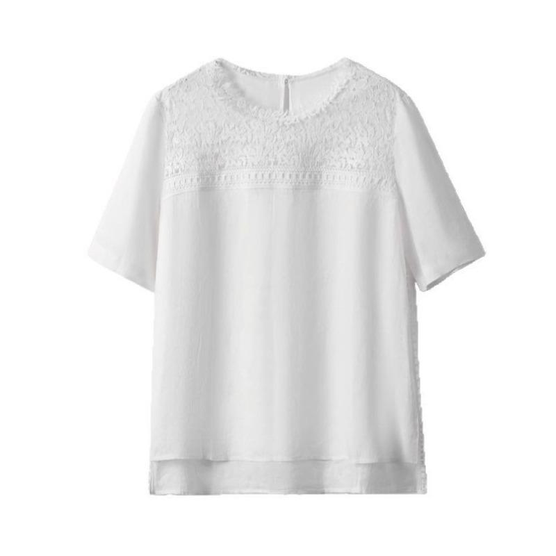 Women Elegant Loose Short Sleeve Round Neck Lace Patchwork Solid Blouse