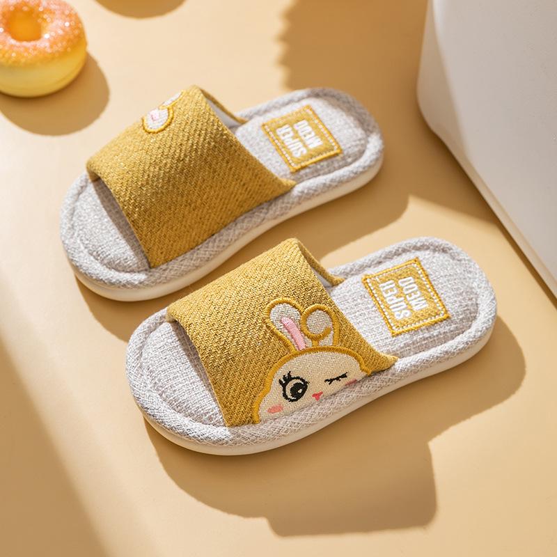 Children's Four Seasons Linen Slippers - Non-slip Soft Sole Cartoon Design for Parent-Child Indoor Use