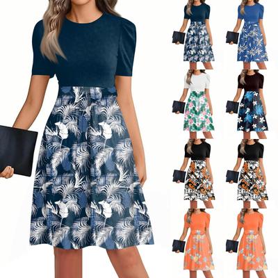 Women's Fashionable Casual Belt Short Sleeved Round Neck Printed Patchwork Dress