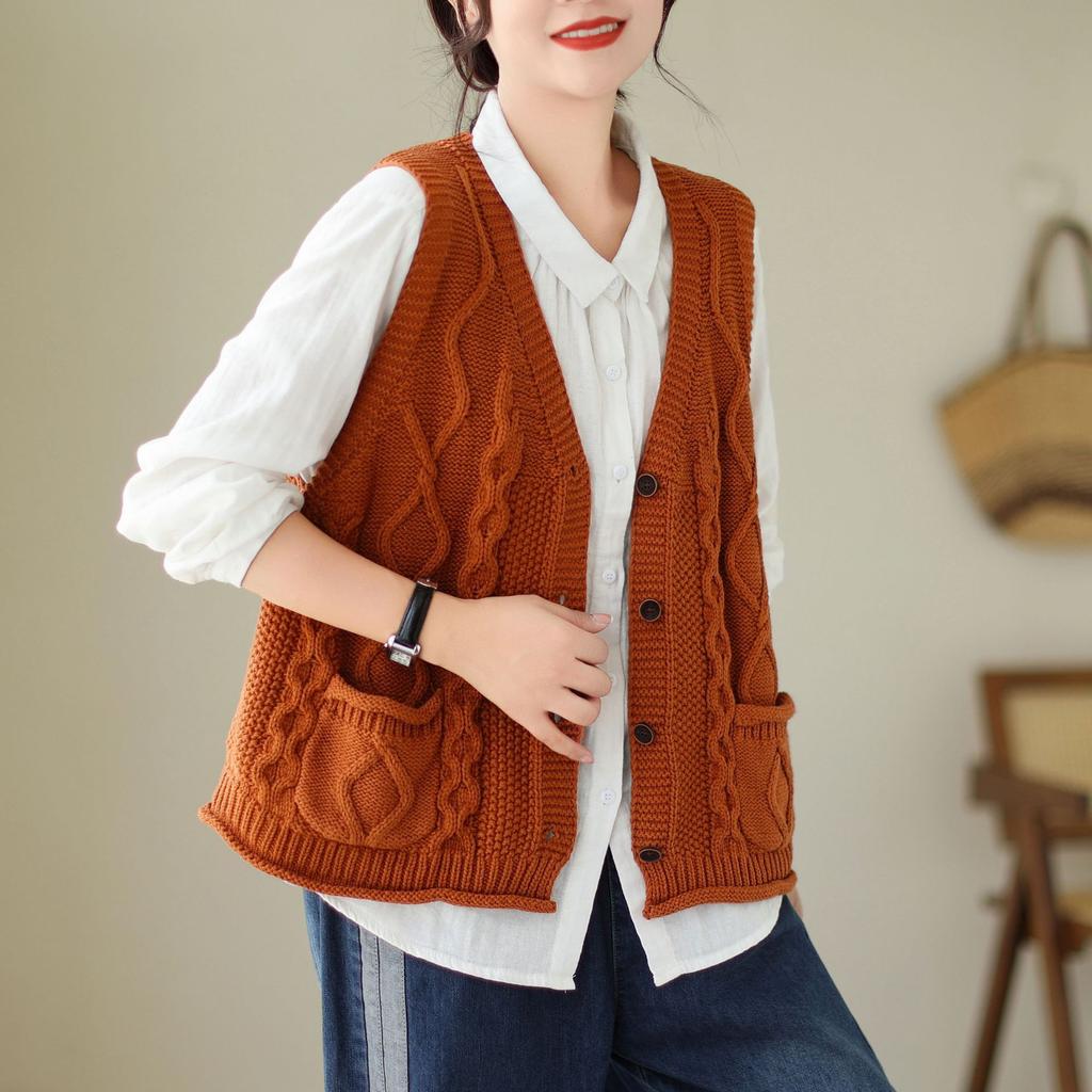 Johnature Women Vintage Sweaters Vests V-Neck Sleeveless Patchwork Pockets Coats Knitted Cotton Clothes Fall Sweaters