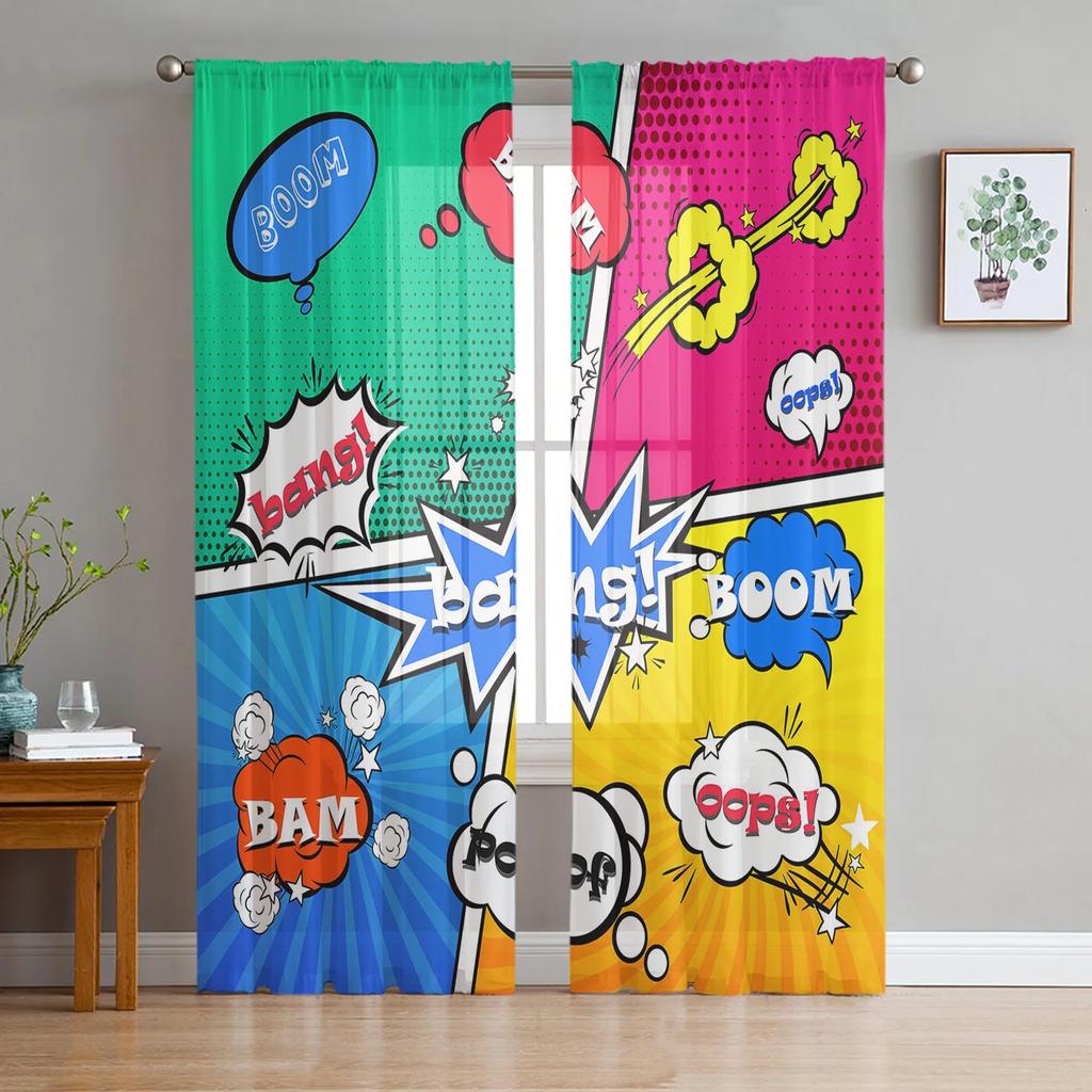 Comic Art Boom Star Voile Curtains Kitchen Living Room Bedroom Decoration Chiffon Tulle Window Treatment Light Filtering Made Of Polyester Area Decor
