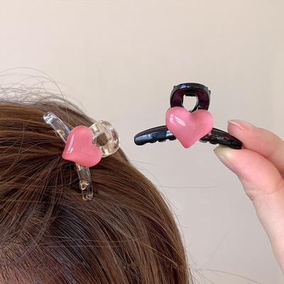 Korean Style Sweet Heart Small Pink Hair Clip for Women - Cute Forehead Bangs Claw Clip and Side Accessory