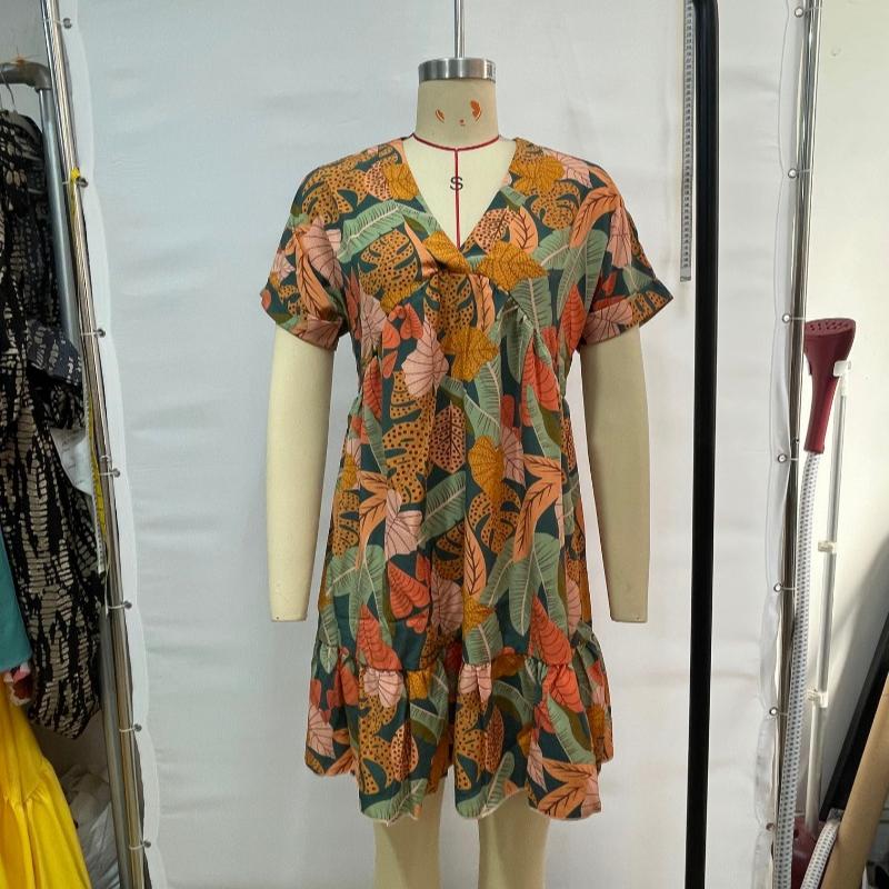 Mode Kurzarm V-Ausschnitt Slim Fit Lässiges Sommerkleid Damen Eleganter Druck A-Linie Lose Damenkleider Vintage Plissee Damen Strandkleid Neu 26552