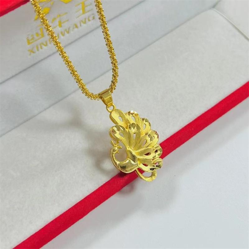 Luxury  Pure Gold Real Gold Women's Peacock Open Screen Pendant Necklace