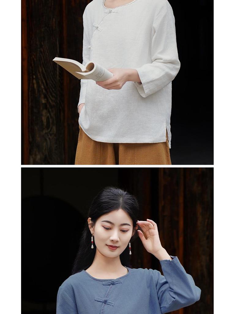 Spring & Autumn Retro Solid Color Cotton-Linen Zen Tea Top with Oblique Lapel & Frog Button