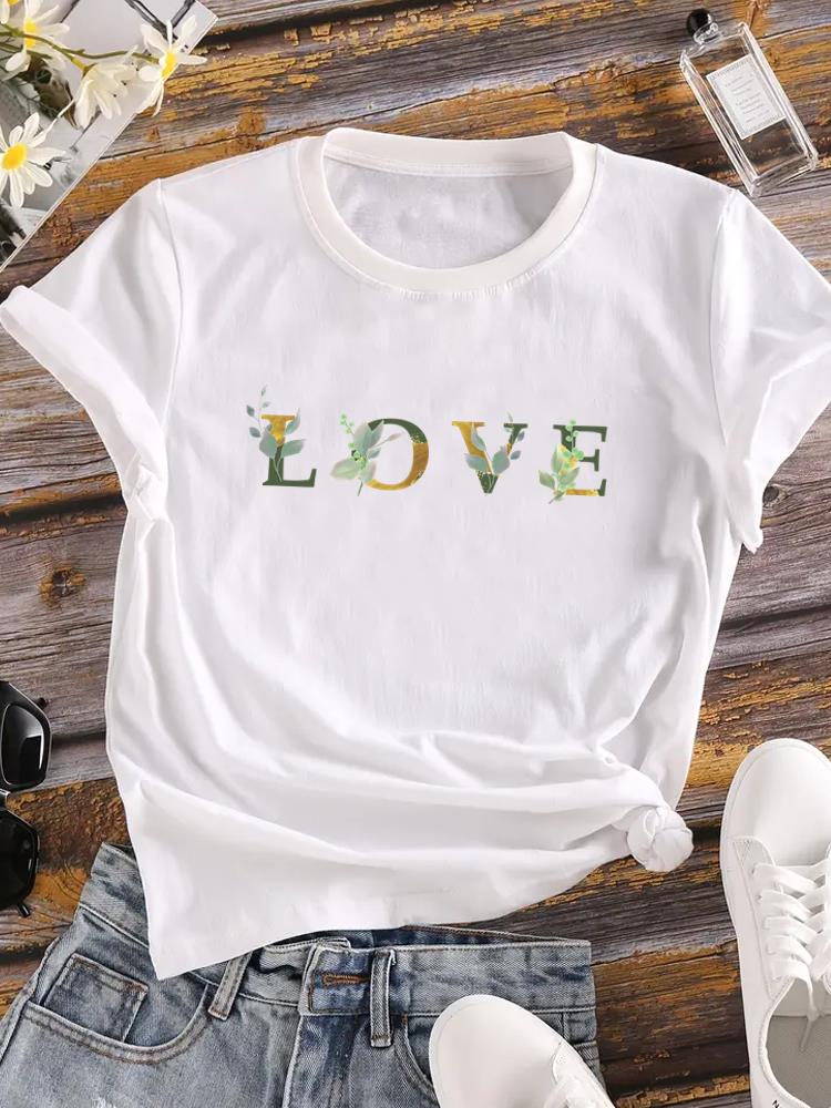 (Asian Size) Letter Lovely Lady O-neck T Shirt Clothing Printed Female Top Casual Fashion Women Graphic Tee Short Sleeve T-shirts