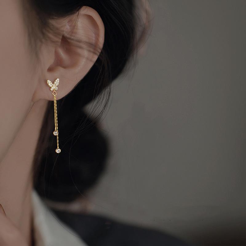 Elegant Butterfly Rhinestone Tassel Stud Earrings for Women - 2025 New Trend Exquisite Sweet Ear Ornaments Butterfly Rhinestone Tassel Stud Earrings (Gold)