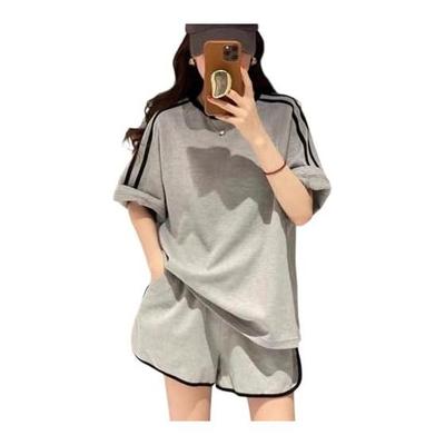 [Z8two] Women's Setup, Short Sleeves, Shorts, Top and Bottom Set, Round Neck, Summer Clothes, Plain, Breathable, Skin-friendly, Loose, Slimming,