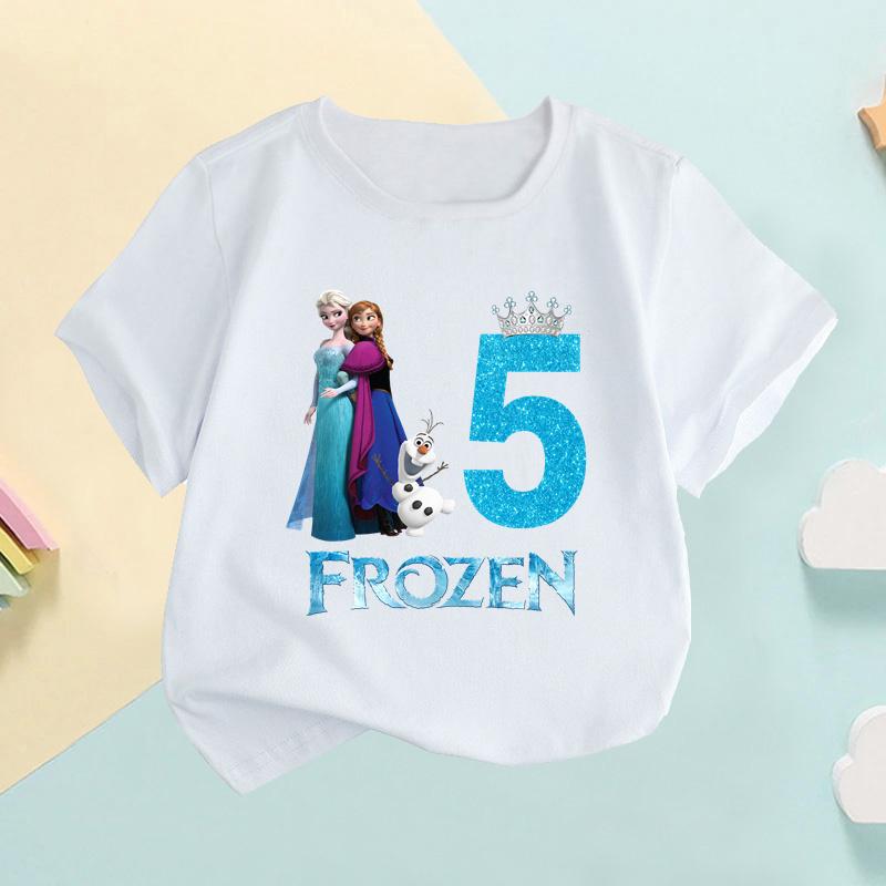Frozen Anna Elsa Princess Number Print Girls Clothes Birthday Kids T Shirt Baby Children T-Shirt