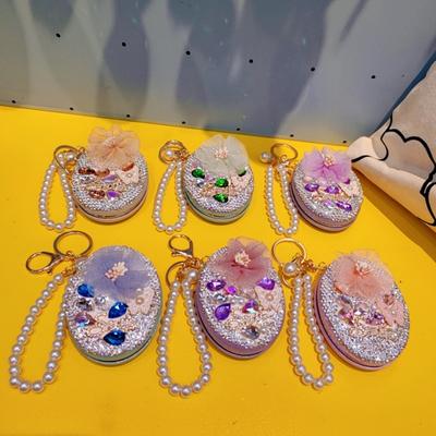 Bling Rhinestone Round Pocket Mirror Keychain Folding Double-Sided with Metal Makeup Mirror Bead String Charm