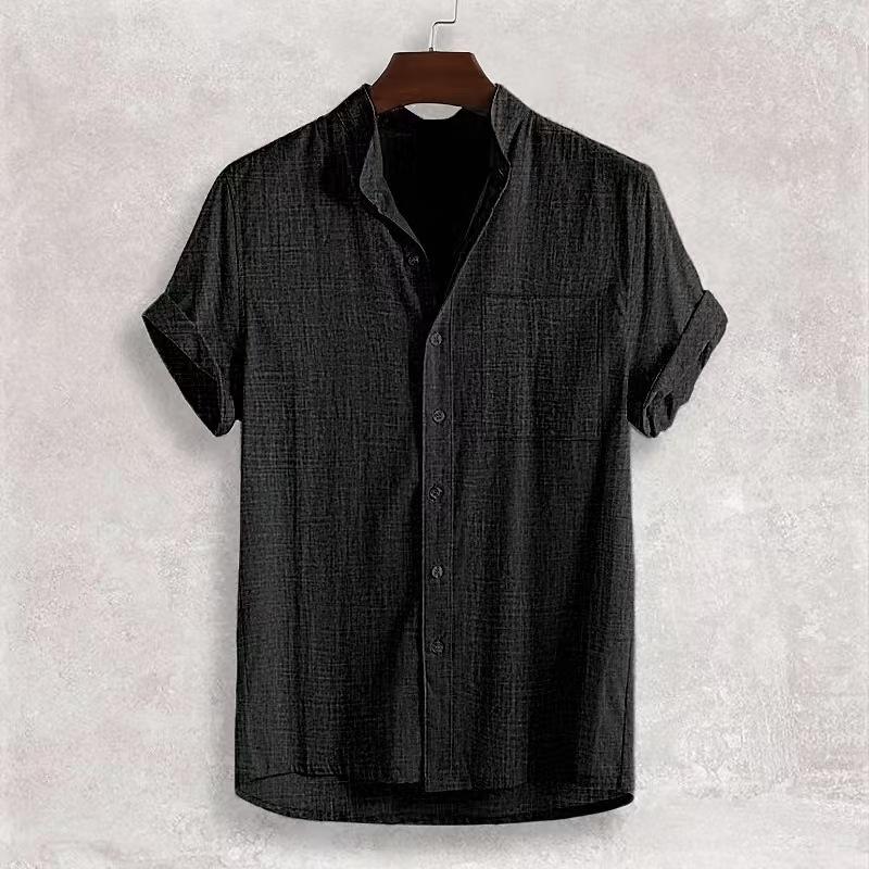 Summer Men's Short Sleeve Cotton and Linen Shirt Comfortable Casual Stand-Up Neck Cardigan Solid Color Shirt Men's