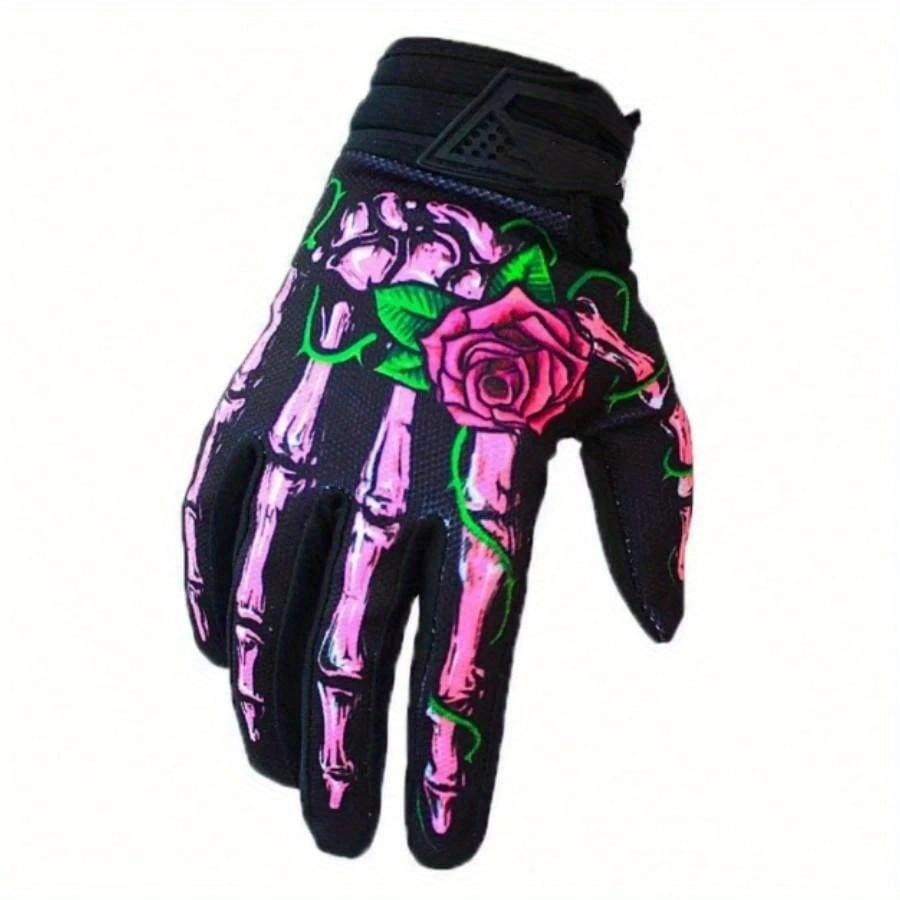 1pair Men's and Women's Rose Patterned Long Finger Outdoor Sports Off-Road Bike Cycling Gloves In Black and Pink, Winter Hand Warmers