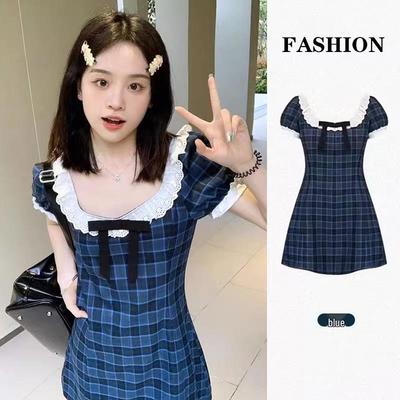 New Summer Women's A-Line Plaid Puff Sleeve Dress with Square Collar