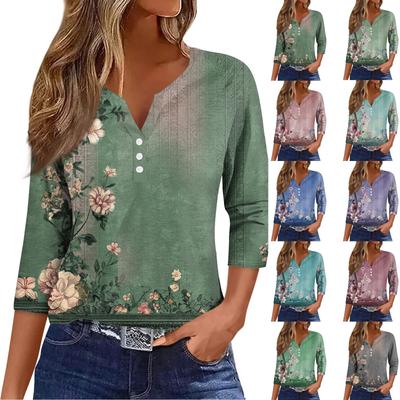 Women's Loose Casual Flower Print Seven Quarter Sleeved V-Neck Top Seven Quarter Sleeved V-Neck Top