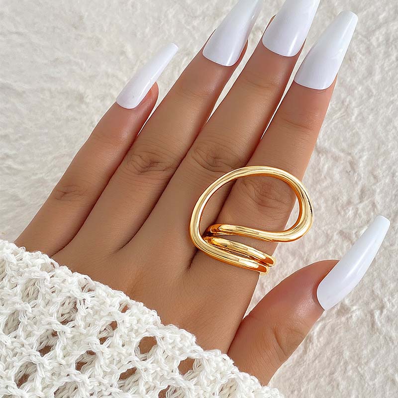 Personality Metal Line Hollow Open Ring Set for Women Punk Gold Color Circular Irregular Index Finger Ring Design Sense Jewelry