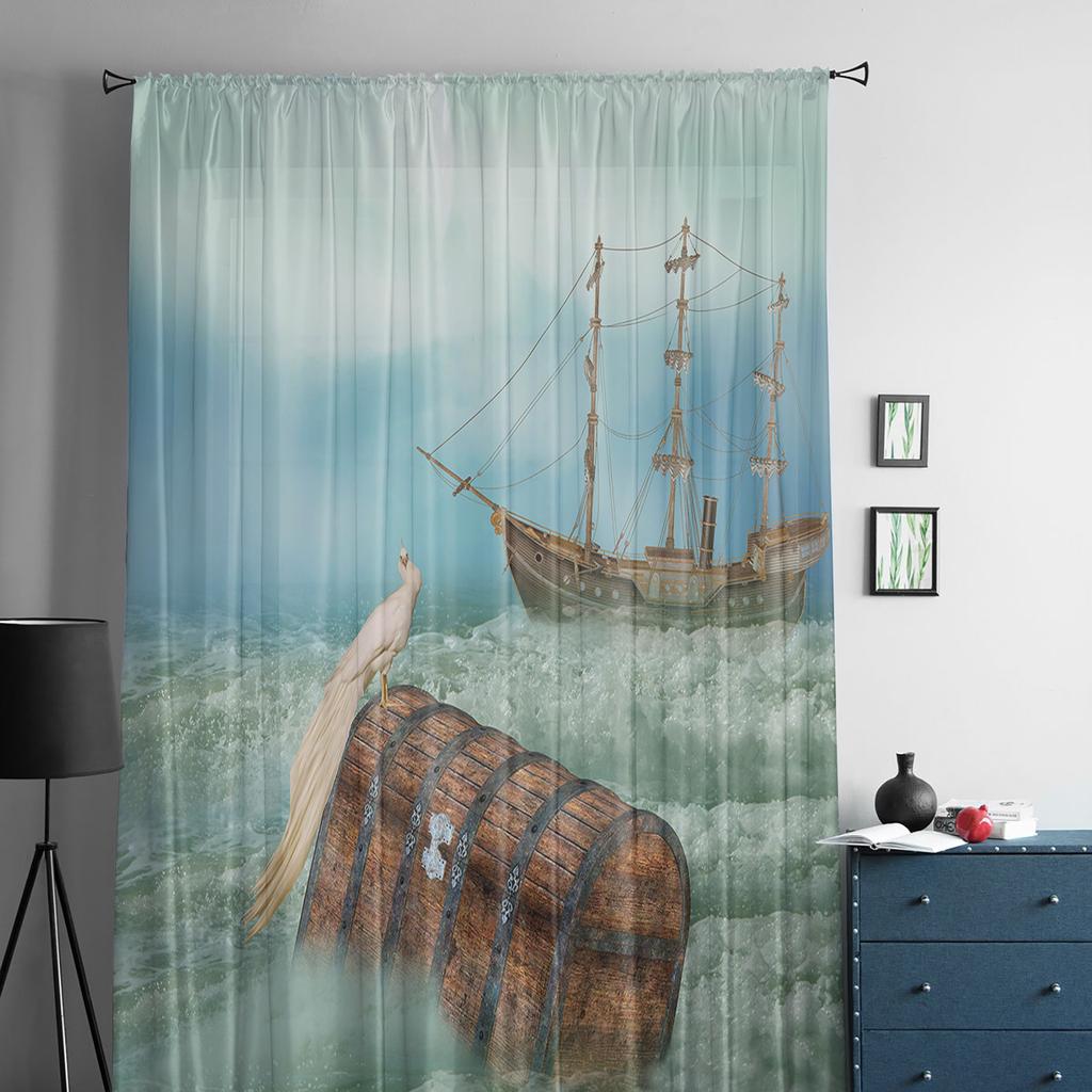 Wave Boat Peacock Sheer Curtain For Bedroom Tulle Voile Curtain For Kitchen Living Room Decor Window Treatment