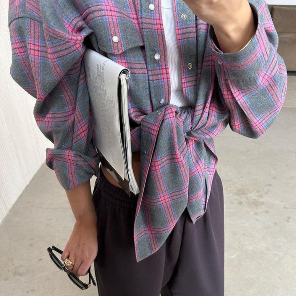 Women Shirt Lapel Long Sleeve Flap Pockets Single Breasted Shirt Plaid Print Loose Fit Breathable Comfortable Casual Fit Shirt