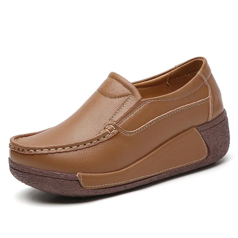 Fashion Spring and Summer Women Fashion Loafers Genuine Leather Moccasins Autumn Slip-on Casual Round Toe Wedge Platform Rocking Shoes