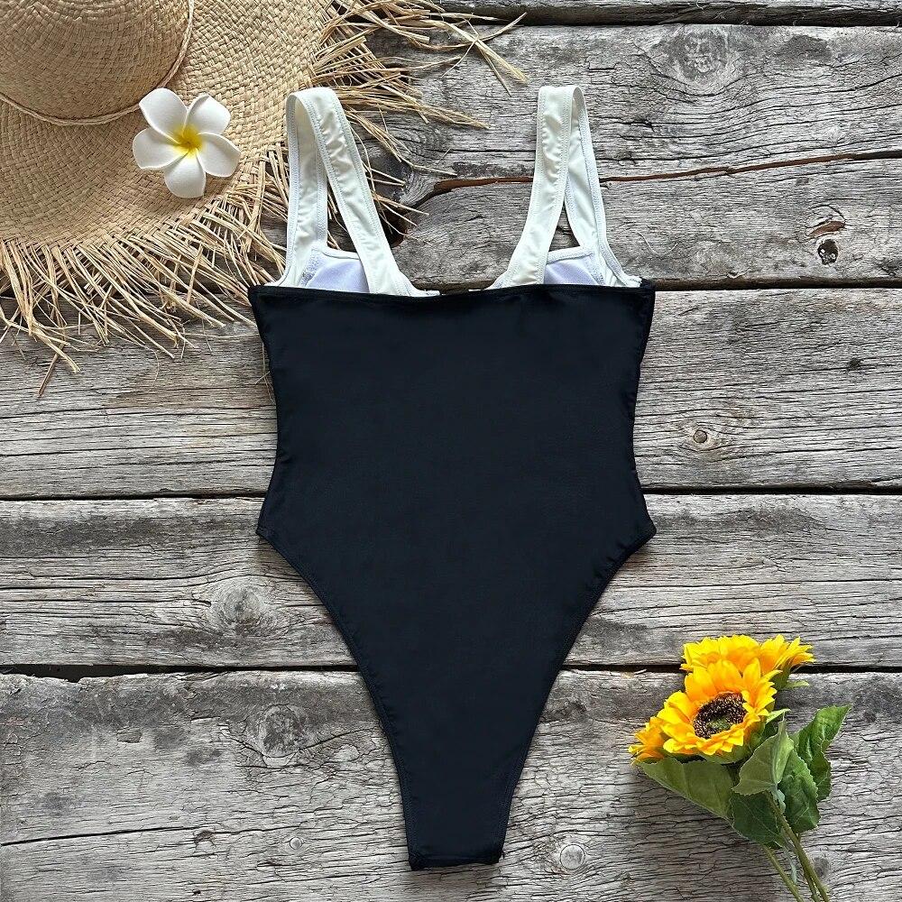 Black White One Piece Swimsuit Sexy Women Solid Swimwear Bathing Suit Beach Party Female Backless Sweet Fashion Design Swimsuit
