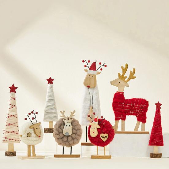 Yousheng Christmas Tabletop Decoration Plush Wool Felt Reindeer Santa Tree Figurine with Wooden Base for Winter Tiered Tray Mantel Decor