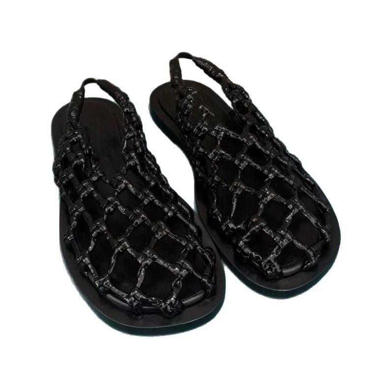 Cowhide version~ niche fishing net woven hollow flat-bottomed Roman sandals women's 2025 new summer new cool slippers