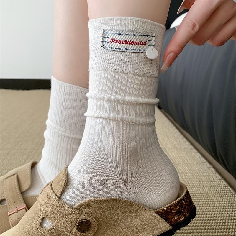 Gray Cloth Label Shell Socks Medium Tube Socks Spring And Autumn Pure Cotton Summer Boneless Pile Socks With Birkenstocks