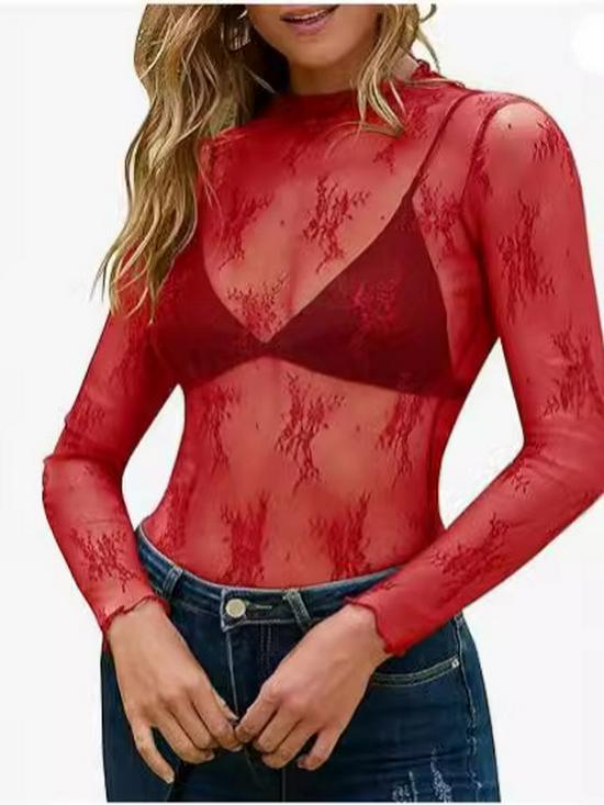 Women's Mesh Lace Layered Stand Collar See-through Top.