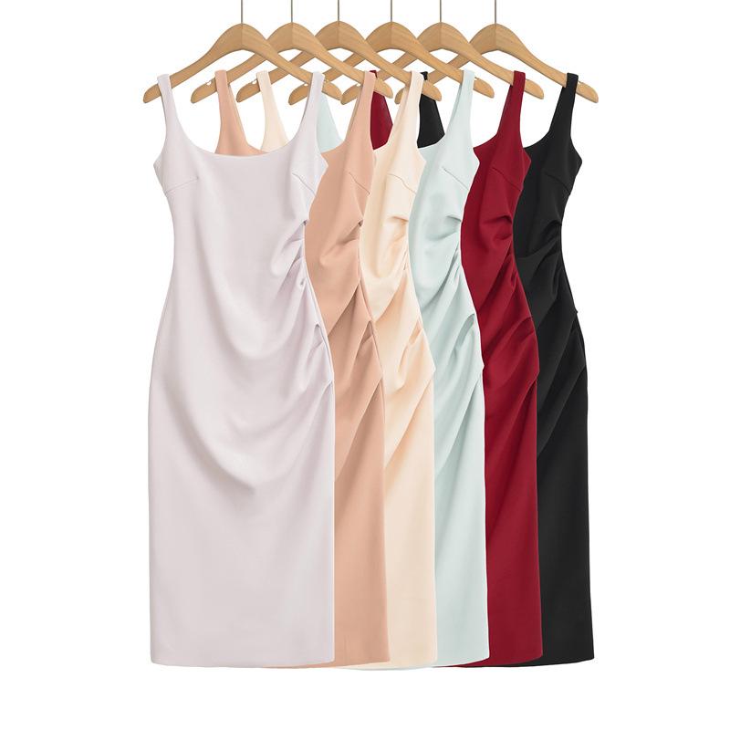Elegant Square Neck Slim Fit Pleated Waist Bodycon Dress