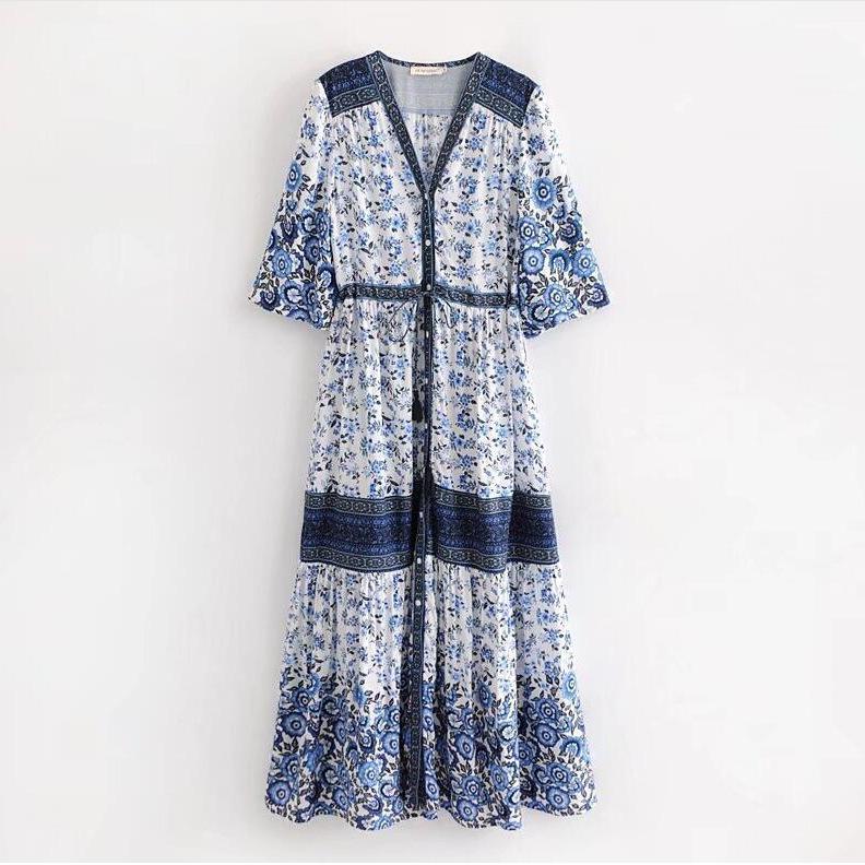 GMXIA Summer Spring Bohemian Patchwork Maxi Single-breasted Cardigan Vintage Dress
