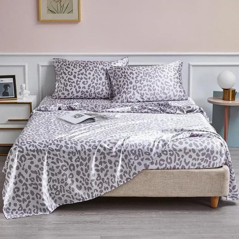 Leopard Print Fitted Sheet Set Queen High-end Satin Fabric Fitted Sheet Flat Sheet Pillowcase Bed Sheets Set King Bedsheet Sets