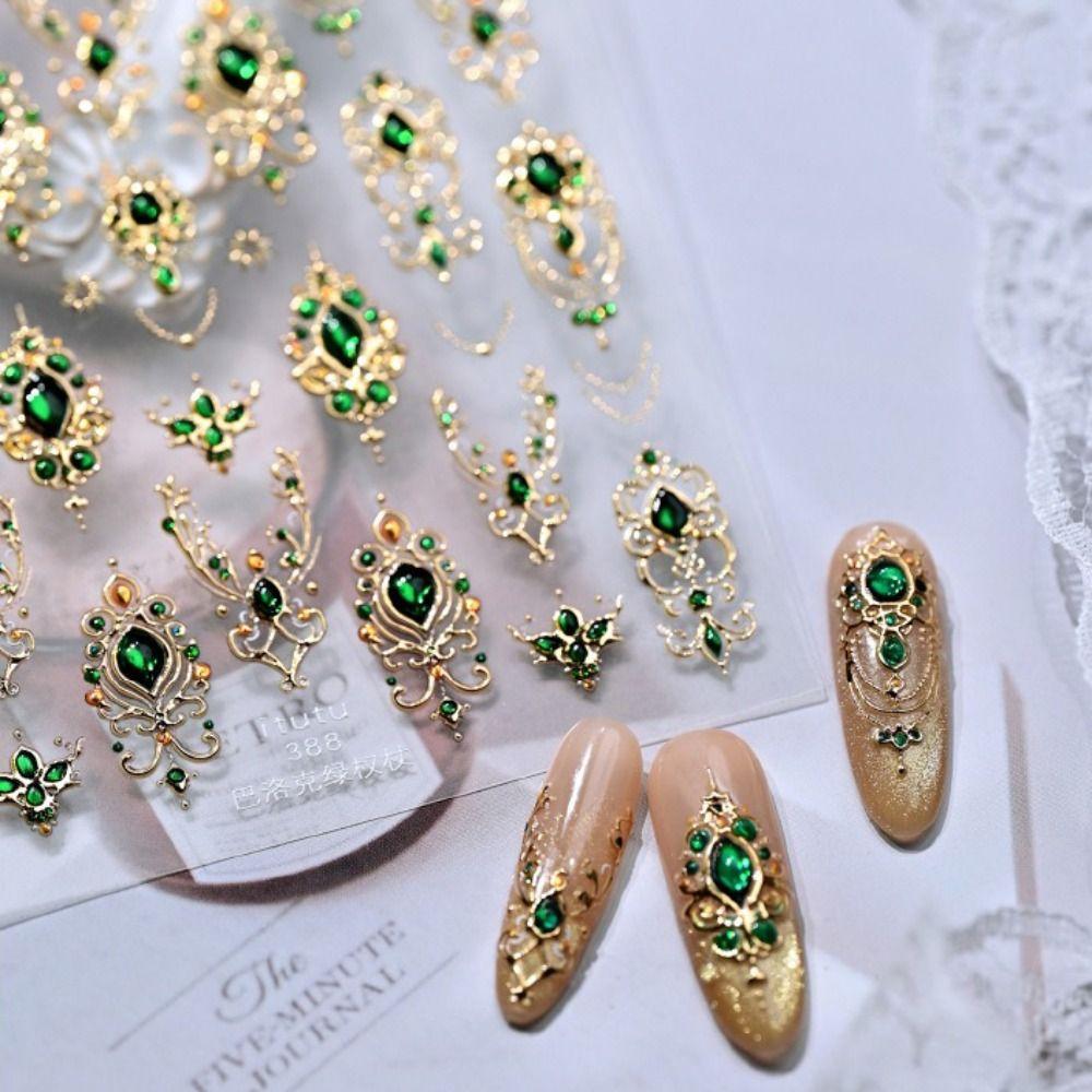 Luxurious Design 5D Nail Stickers Shiny Finish Gold Scepter Imitation Gemstone Nail Red Green Gemstone Emerald Ruby Color