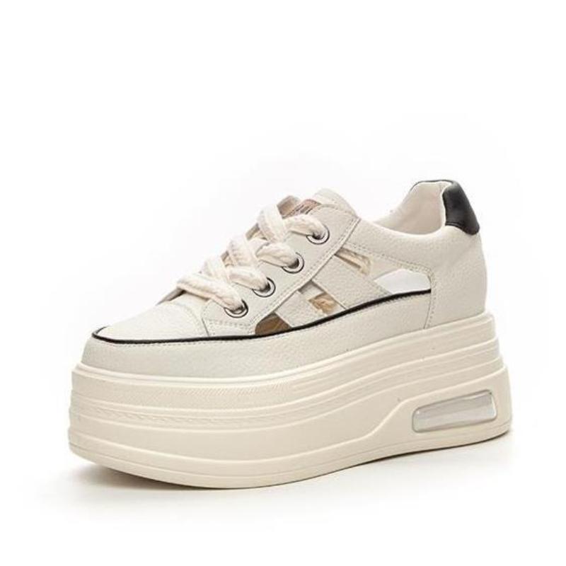 High quality 9cm Genuine Leathe Slippers Lace Up Hollow Peep Toe Casual Sandals Platform Wedge Ladies Women Summer Slides Shoes