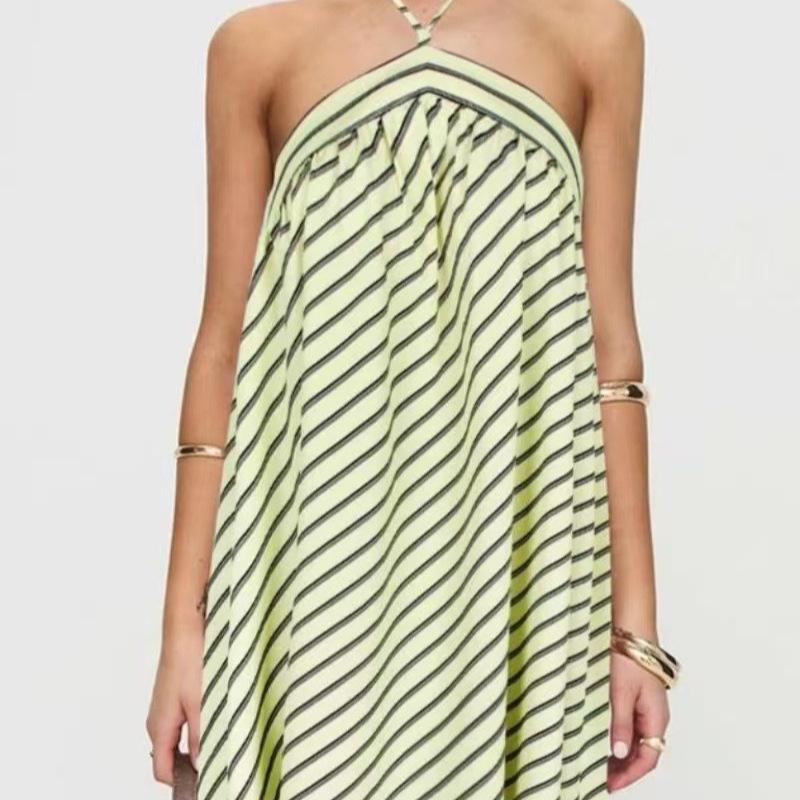 Women's Striped Halter Backless Dress - Spicy European and American Holiday Beachwear