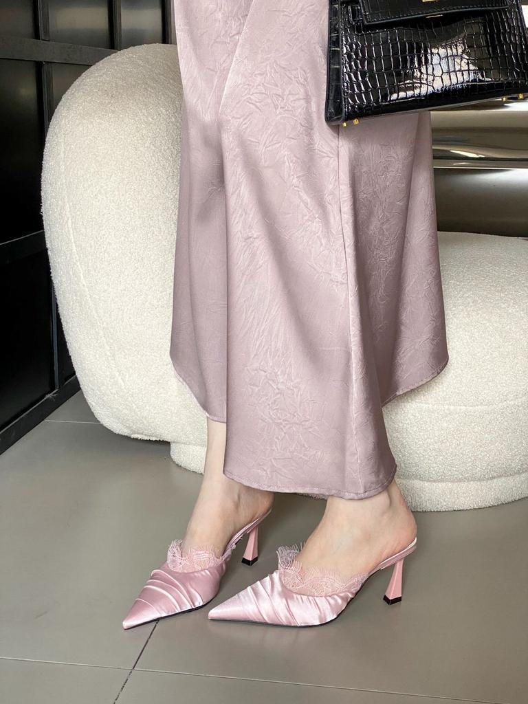 Mules Spring French Stylewanwan Style Low Cutsilksatin Lacelace Elegant Closed Toe