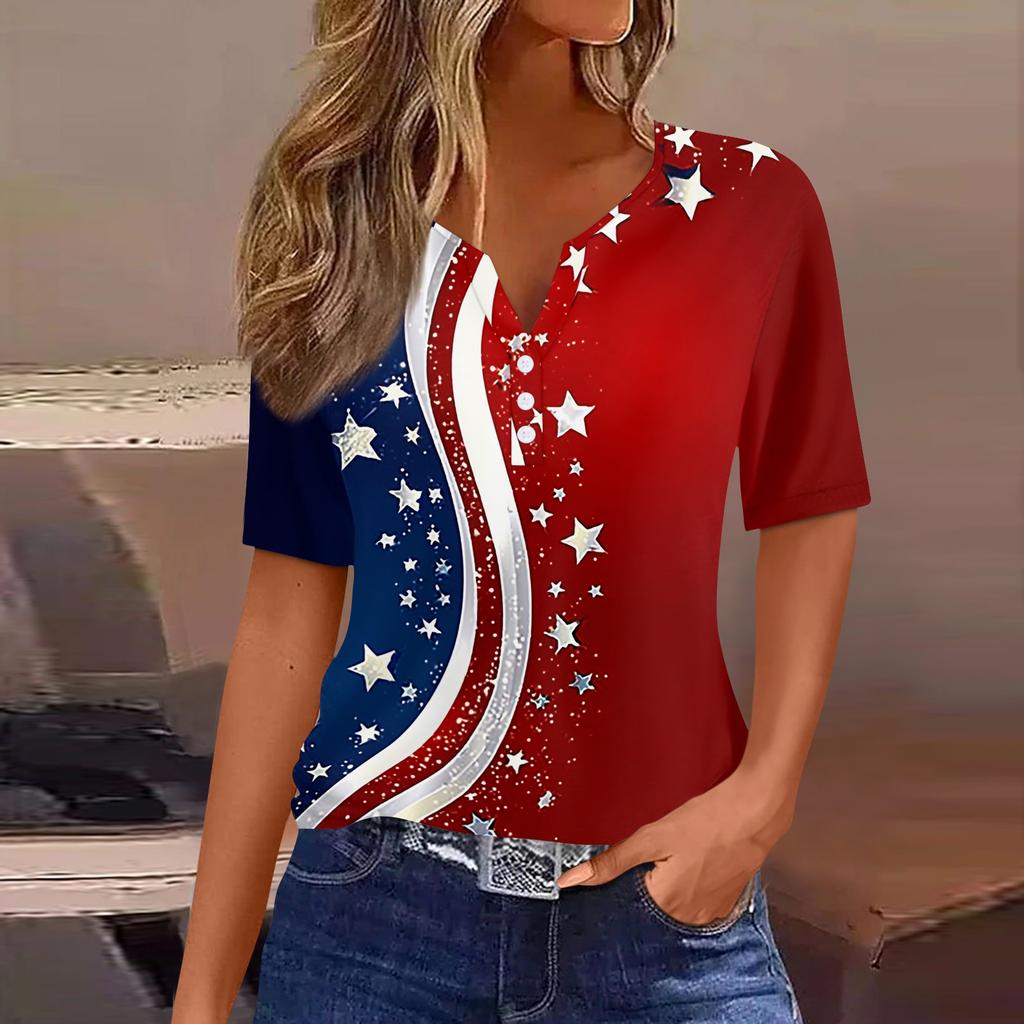 Women's T Shirt Independence Day Print Button Short Sleeve Daily Weekend Fashion Basic V- Neck Regular Top